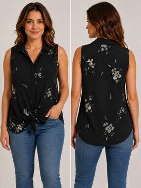 Lily Morgan Sleeveless Black Floral Tie-Front Collared Top size L